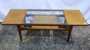 G Plan teak coffee table with glass centre, 140 x 51 x 43 cm. Not available for in-house P&P