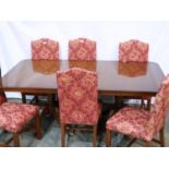 Twin pedestal dining table with three additional leaves and six mahogany upholstered chairs, 200 x