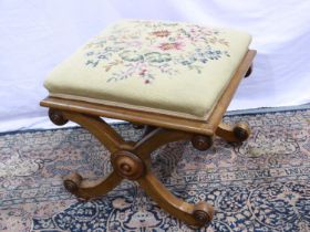 Walnut framed Savonarola stool with tapestry top 48 x 48 x 45cm. Not available for in-house P&P