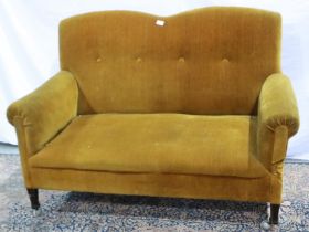 Reupholstered Victorian two seater settee with button back, W: 132 cm. Not available for in-house