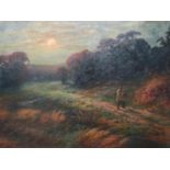 R C Markham (late 19th / early 20th century): substantial oil on canvas, figure on a country lane,