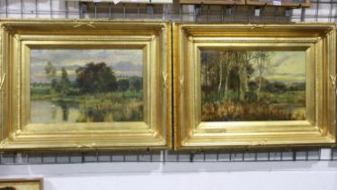 A 19th century pair of Russian? school oils on canvas, each of riverside figural scenes and