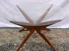 Danish Sika Mobler teak base circular glass top table, D: 76 cm. Not available for in-house P&P