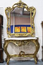 A modern continental gilt wood console table with white marble top and mirror overall H: 240 cm. Not