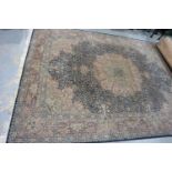 A substantial blue ground floor rug with complex designs, 350 x 250 cm. Not available for in-house