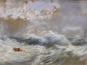 Richard Peter Richards (1840-1877): oil on card, boat in distress, 23 x 16 cm. Not available for