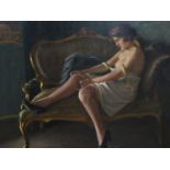 Istvan Szasz (Hungarian, 1878-1965): oil on canvas, lady undressing in a boudoir, 98 x 73 cm. Not