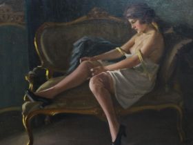 Istvan Szasz (Hungarian, 1878-1965): oil on canvas, lady undressing in a boudoir, 98 x 73 cm. Not