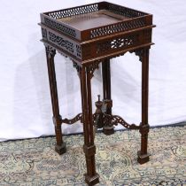 Pierced hardwood lamp table with carved stretcher H:68cm. Not available for in-house P&P