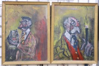 Willie Rushden (1937 - 1996): a pair of oils on canvas, satirical characters elderly gentleman