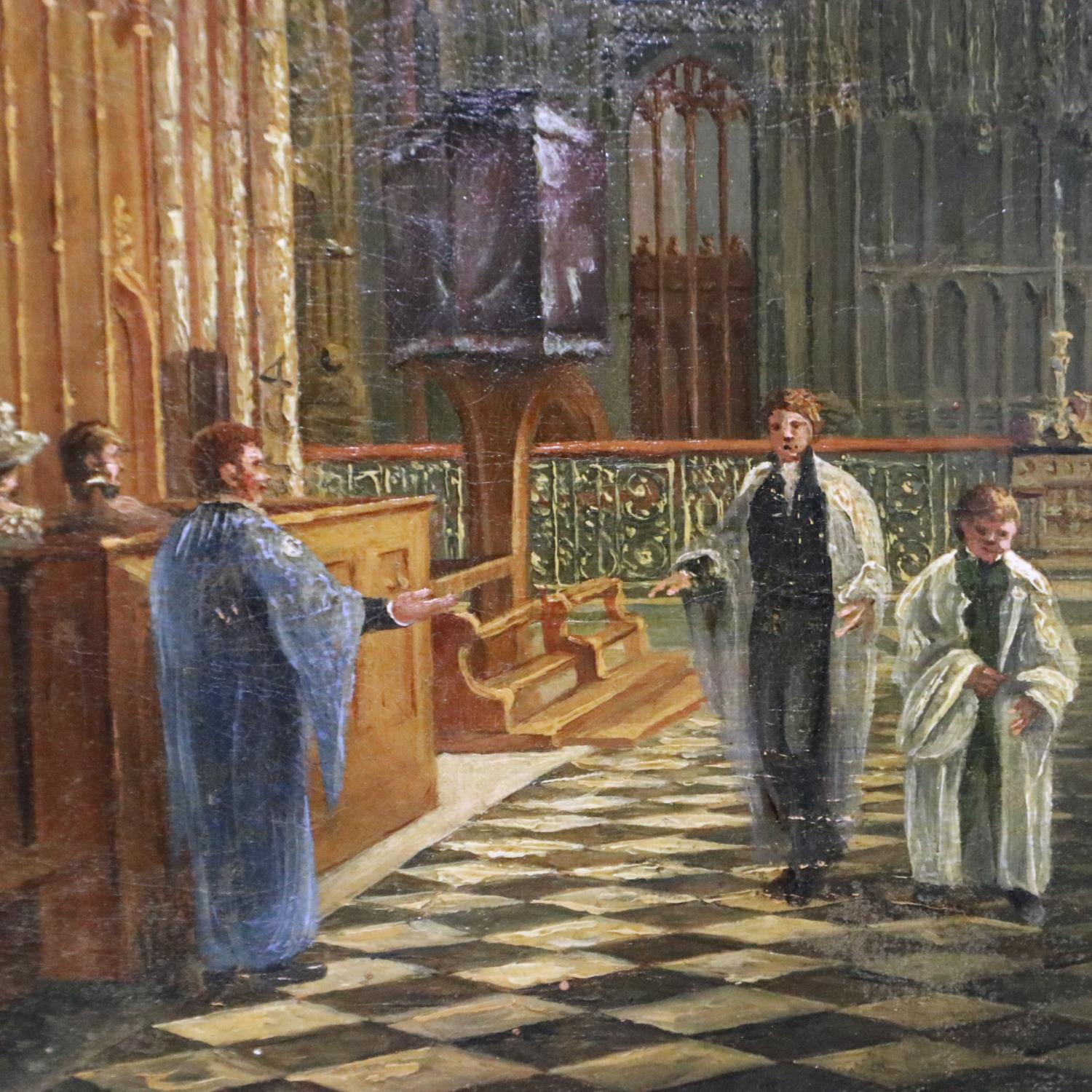 In the manner of Sir Wyke Bayliss (1835 - 1906): oil on canvas, a Cathedral interior scene with - Image 3 of 4