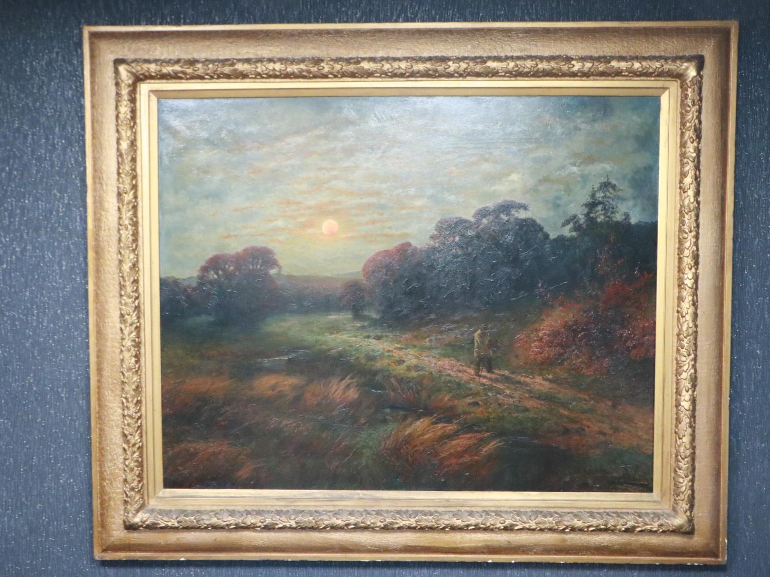 R C Markham (late 19th / early 20th century): substantial oil on canvas, figure on a country lane, - Image 2 of 3