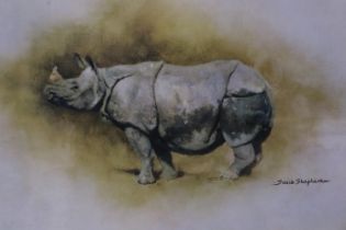 David Shepherd (1931 - 2017): artist signed print, Indian Rhino, 34 x 27 cm. Not available for in-