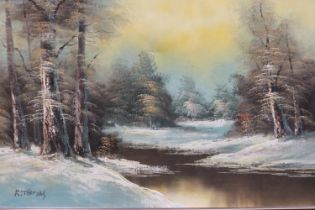 R Thomas (20th century): oil on canvas, a woodland scene Winter, 90 x 60 cm. Not available for in-