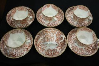 Early Minton's set of six cups and saucers in the Melbourne pattern (12), one saucer with