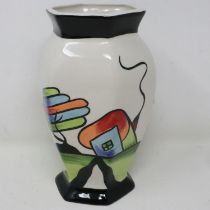 Lorna Bailey hexagon vase in the Fantasia Cottage pattern, no chips or cracks, H: 22 cm. UK P&P