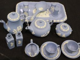 Fifteen pieces of Wedgwood Jasperware miniatures including a tea seat, and a trinket dish (16), no