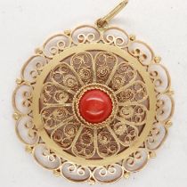 Gold filigree pendant set with coral stone to centre, marked 583, D: 35 mm, 6.1g. UK P&P Group 1 (£