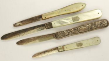 Four hallmarked silver bladed fruit knives, three with mother of pearl handles. UK P&P Group 2 (£