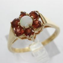 9ct gold cluster ring set with opal and garnet, size M/N, 2.3g. UK P&P Group 0 (£6+VAT for the first