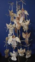 Metal tree stand with ceramic angel Christmas ornaments by Dona Gelsinger, H: 66 cm. UK P&P Group