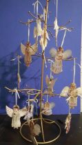 Metal tree stand with ceramic angel Christmas ornaments by Dona Gelsinger, H: 66 cm. UK P&P Group