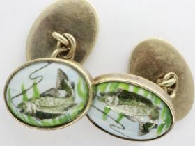 Pair of gold plated hallmarked silver cufflinks with an enamelled trout on a line decoration, marked