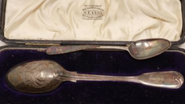Victorian hallmarked silver spoon, London assay, and another white metal spoon, 40g. UK P&P Group