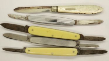 Five fruit knives, one with mother of pearl handle and hallmarked silver blade. UK P&P Group 2 (£