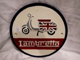 Cast iron Lambretta plaque, W: 30 cm. P&P Group 1 (£14+VAT for the first lot and £1+VAT for