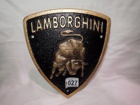 Cast iron Lamborghini plaque. W: 15cm. UK P&P Group 1 (£16+VAT for the first lot and £2+VAT for