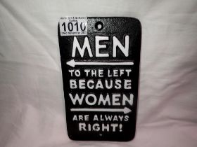 Cast iron men to the left because women are always right sign. w:12cm. P&P Group 1 (£14+VAT for