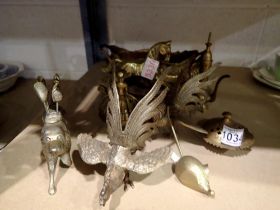 Mixed metalware including a brass rocking horse and two cockerels. Not available for in-house P&P