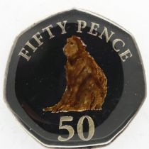 2014 enamelled 50p coin, Monkey. UK P&P Group 0 (£6+VAT for the first lot and £1+VAT for