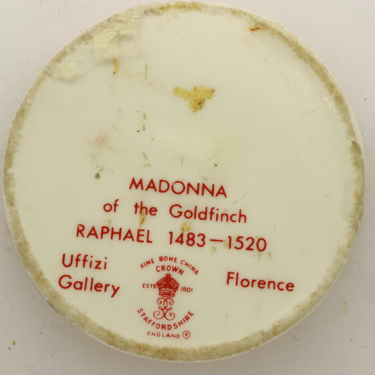 Crown Staffordshire ceramic plaque depicting Madonna and children, D: 50 mm. UK P&P Group 2 (£20+VAT - Image 2 of 2