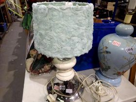 Large chrome and ceramic lamp with floral shade. All electrical items in this lot have been PAT