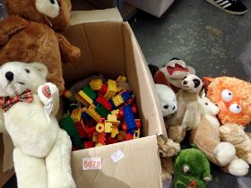 Collection of children's building blocks and soft teddies. Not available for in-house P&P