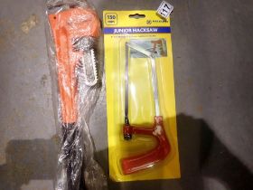 New unused hacksaw, tape measure, padlock and pipe wrench. Not available for in-house P&P