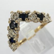 9ct gold wishbone ring set with sapphires and diamonds, size N/O, 2.0g. UK P&P Group 0 (£6+VAT for
