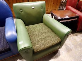 Faux green leather vintage armchair. Not available for in-house P&P