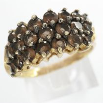 9ct gold cluster ring set with smokey quartz, size N/O, 3.3g. UK P&P Group 0 (£6+VAT for the first