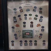 Framed poster of famous cricket caps and badges. Not available for in-house P&P