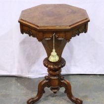 *** WITHDRAWAN ***Victorian walnut sewing table on tripod support with brass castors, H: 72 cm,