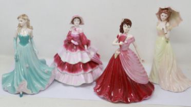 Four Coalport figurines, no cracks or chips, largest H: 23 cm. UK P&P Group 3 (£30+VAT for the first