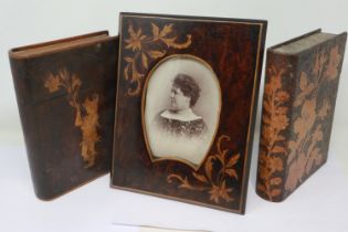 19th Century inlaid photograph frame, with two book form photograph sleeves (3). UK P&P Group 2 (£