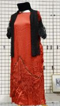 1920s red silk flapper style fringed dress with black lace additions, approximate size S-M. UK P&P