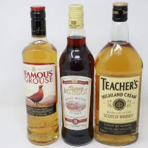 Three bottles of whisky, Famous Grouse, Queen Margot and a 1L bottle of Teachers. Not available