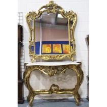 Modern continental gilt wood console table with white marble top and mirror, overall H: 240 cm.