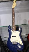 Squier strat by Fender electric guitar, serial number CY00010002. Not available for in-house P&P