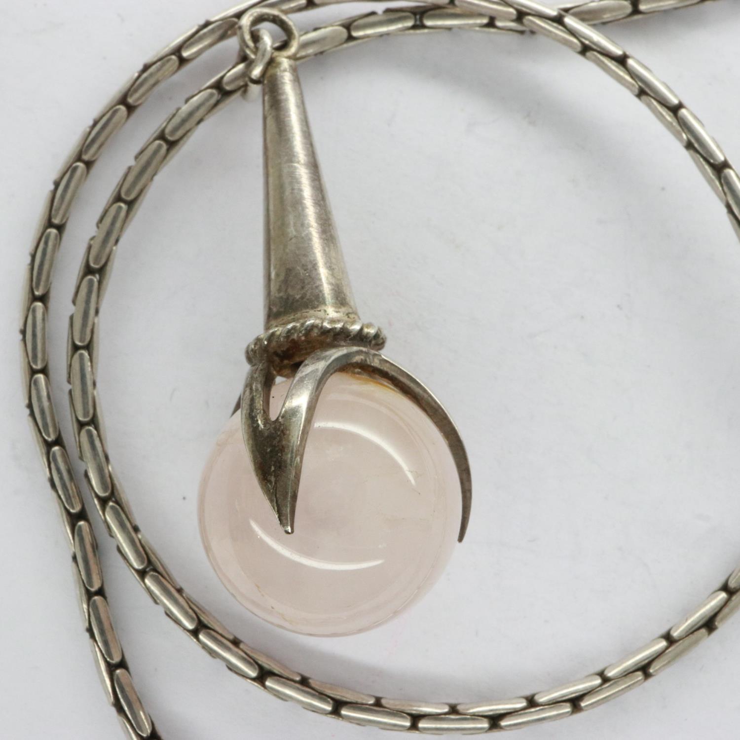 Silver pendant necklace with rose quartz in a claw setting, L: 40 cm, boxed. UK P&P Group 1 (£16+VAT - Image 2 of 2